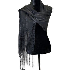 Unbranded Scarf Womens Long Rectangle Black Flower Stripes Semi Sheer Fringe